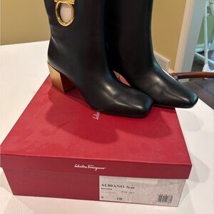 Salvatore Ferragamo Black and Gold Heeled Boots